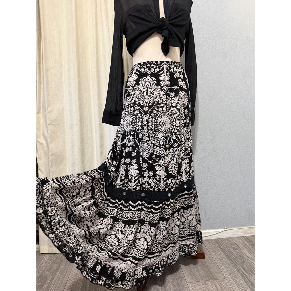 Forbidden Los Angeles Maxi Skirt L Black White Damask Floral Boho Cottagecore